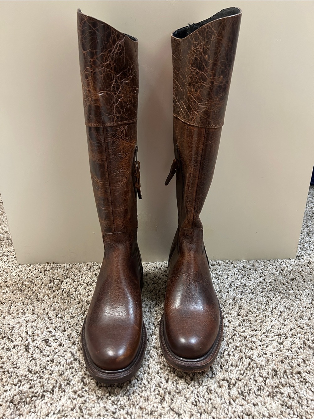 Lucchese Distressed Brown Leather Tall Zip Riding Boots - Picture 3 of 11